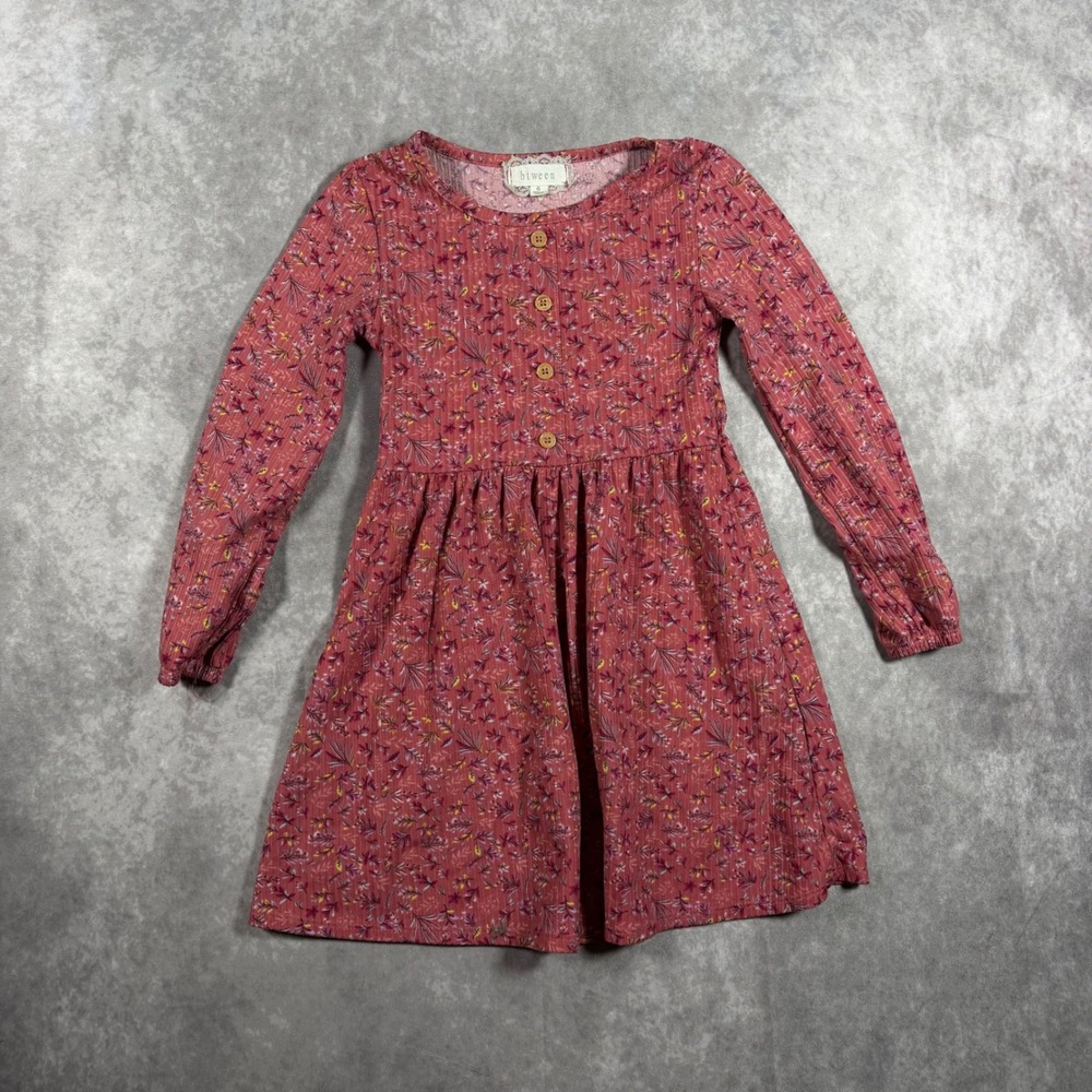 Btween Girls Size 6 Rose Pink Floral Ribbed Knit Long Sleeve Button Front Dress